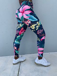 Stand out in our custom printed leggings. Our leggings are extremely soft and very stretchy to contour to your curves for a flattering look.Super soft material, 82% polyester, 18% spandex100% handmade, we print, cut, and sew your items by handMaterial has a four-way stretch, which means fabric stretches and recovers on the cross and lengthwise grains.Squat proofMade with a smooth, comfortable microfiber yarnRaised waistband UV protected activewear, all of our leggings are rated UPF 38-40 for pro Leggings Plus Size, Womens Leggings, Floral Leggings, Womens Tights, Squat Proof, Tropical Floral, Pants Women, Capri Leggings, Outfits With Leggings