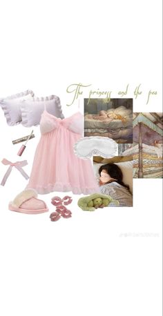 there is a collage of pictures with clothes, shoes and accessories on it that include an infant's dress