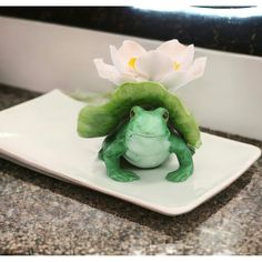 a green frog sitting on top of a white plate with a flower in it's head