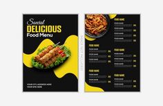 a black and yellow restaurant menu with food items on the front, side and back