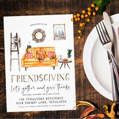 a table with a plate, fork and knife on it next to a card that says friends giving gifts and give thanks