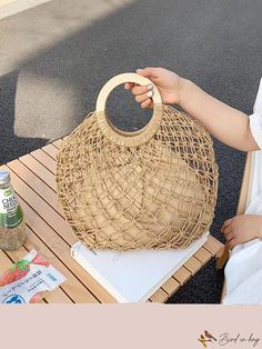 Bird in Bag - Woven Cotton Hollow Out Design Round Wooden Handle Fashionable Casual Tote Bag for Shopping, Beach, Vacation, Party, and Gift. Eco-friendly Summer Pouch Shoulder Bag, Summer Woven Pouch Shoulder Bag, Beige Summer Pouch Beach Bag, Summer Woven Straw Pouch Bag, Beige Party Bags For Spring, Spring Pouch Beach Bag, Straw Pouch Bag For Beach Season, Pouch Straw Bag For Beach Season, Summer Vacation Straw Pouch Bag