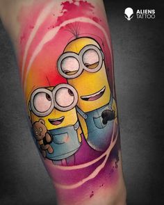 a couple of cartoon characters on the arm with watercolor paint splashing behind them