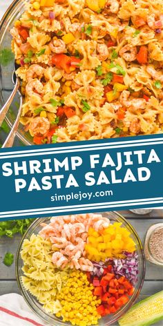 shrimp fajita pasta salad in a glass bowl