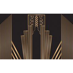 an art deco wallpaper with gold lines and skyscrapers in the background on black