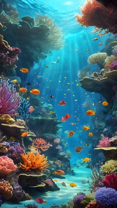 an underwater scene with corals, fish and other marine life in the ocean water