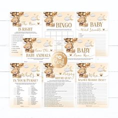 baby shower game with teddy bears and moon on the back, in gold foiled paper