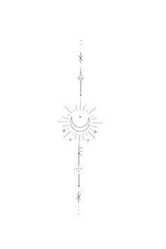 a line drawing of the sun and moon with stars in the sky above it on a white background