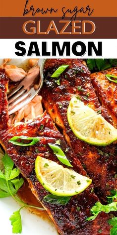 grilled salmon on a plate with lemons and parsley garnishes