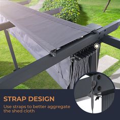 an image of a black umbrella with straps attached to it and text that reads strap design use strips to better aggreate the shed cloth