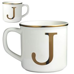 two white and gold coffee mugs with the letter j on them