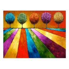 a painting of four trees in different colors