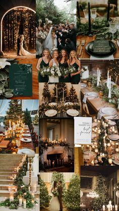 a collage of wedding photos with candles and greenery