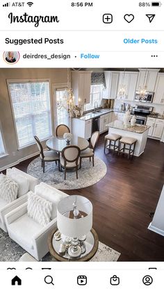 a living room and kitchen are featured on instagram