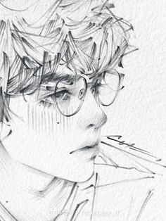 a pencil drawing of a boy with glasses on his head and hair in the wind