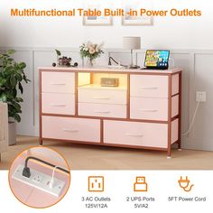 an image of a pink dresser with lights on it and the words, multifunctional table built in power outlets