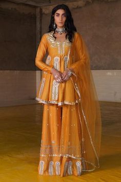 Shop for Saksham Neharicka Yellow Chanderi Embroidered Anarkali Set for Women Online at Aza Fashions Nature Mythology, Fusion Dress, Daytime Glam, Embroidered Sharara, Embroidered Anarkali, Chic Maxi Dresses, Boutique Ideas, Pakistani Wedding Outfits, Fashion Design Collection