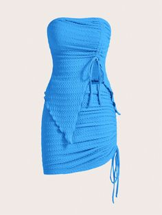 Solid Color Drawstring Bodycon Set Blue Sexy   Knitted Fabric Plain  Slight Stretch  Women Clothing, size features are:Bust: ,Length: ,Sleeve Length: Cute Dress Outfits, Casual Summer Tops, Kids Sleepwear, Two Piece Outfit, All Fashion, Women Clothes Sale, Cute Dresses, Women Clothing, Length Sleeve