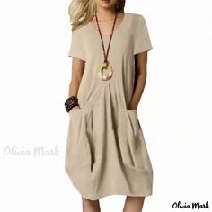 Olivia Mark - Cotton Linen Solid Color Loose Fit Round Neck Short Sleeve Dress Dresses For Summer Casual, Sun Dresses For Summer, Elegant Cotton Dress, Short Maxi Dress, Dresses For Summer, Long Linen Dress, Fitted Maxi Dress, Midi Sundress, Sun Dresses