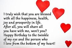 a birthday card with red hearts floating in the air and an inscription that says, i truly wish that you are pleased with all the happiness, health, joy and prosperity