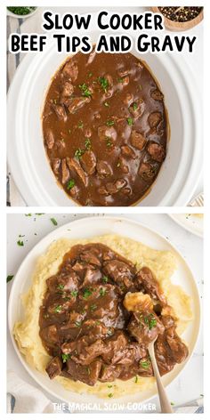 two pictures showing how to make slow cooker beef tips and gravy