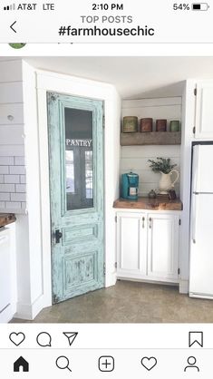 the instagram page shows an image of a kitchen with white cabinets and green doors