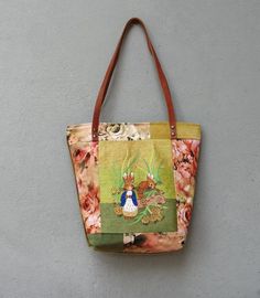 Embroidered Bunny Tote Leather Bunny Tote Colorful Bohemian Floral Bag with Rabbits Two Bunnies, Embroidered Bunny, Shop Window Stickers, Chic Purses, Fine Embroidery, Colorful Bohemian, Shopping Totes, Taffeta Fabric, Leather Weekender