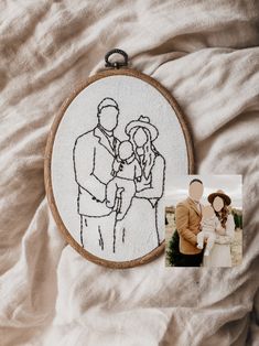 a couple is holding each other while they are embroidered onto a piece of fabric