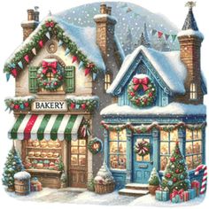 a painting of a bakery with christmas decorations