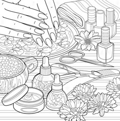 a coloring page with flowers and cosmetics