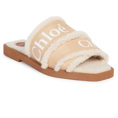 Layered Shearling-Trimmed Logo-Adorned Straps Add Interest To These Flat Sandals. Polypropylene Upper Open Toe Slip-On Style Lining: Shearling Rubber Sole Fur Type: Dyed Shearling Fur Origin: Spain Made In Italy Bag And Shoes Closet, Ribbon Sandals, White Slides Sandals, Chloe Sandals, Chloe Shoes, Leather Sandals Flat, Leather Espadrilles, Leather Slide Sandals, Black Wedge Sandals