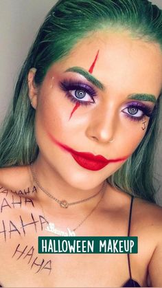 Diy Villian Costume Ideas For Women, Glam Joker Makeup, Villian Makeup Ideas, Joker Costume Female Outfit Diy, Women Joker Halloween Costumes, Best Diy Halloween Costumes For Women, The Joker Makeup Women, Villain Halloween Costumes Women, Joker Diy Costume Female