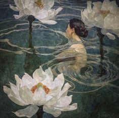 a painting of a woman floating in water surrounded by white flowers and lily pads with ripples on the water