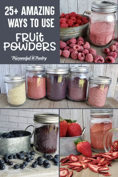 Jars and and various containers full of  powdered dehydrated fruits such as raspberry, strawberry ad blueberry How To Use Fruit Powder, Dehydrating For Beginners, Fruit Powder Uses, How To Preserve Fruit, Dried Fruit For Drinks, How To Use Dehydrated Food, Freeze Dried Fruit Powder, Powder Drink Mix Storage, Diy Freeze Dried Meals Food Storage