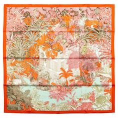 Hermès collectible tropical garden orange and pink silk scarf. Hand-rolled edges. New in box. Pink Silk Scarf, Elephant Logo, Hermes Box, Kelly Bag, Jane Birkin, Hermes Handbags, Orange And Pink, Christian Lacroix, Tropical Garden