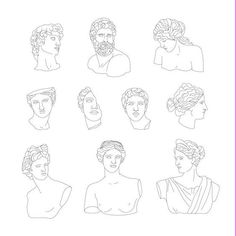 twelve ancient greek men and women in various poses, hand drawn illustration on white paper