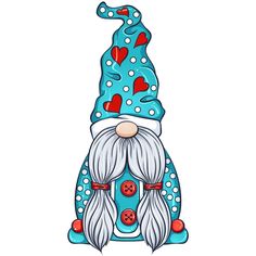 a blue gnome with white hair and red hearts on his head, wearing a hat