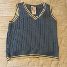 Blue And White Sweater Vest John Galt Pacsun Never Worn Blue Cotton Sweater Vest For Fall, Casual Blue Sweater Vest For Winter, Trendy Blue Sleeveless Sweater, Trendy Sleeveless Blue Sweater, Blue Sleeveless Casual Sweater, Blue Crew Neck Casual Sweater Vest, Blue Sleeveless Sweater For Spring, Casual Blue Vest For Winter, Fitted Sleeveless Blue Sweater