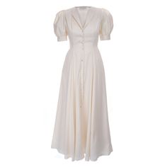 This romantic dress is handmade in the style of a frock coat with eight sheets of pure soft white cotton. Short balloon sleeves, buttoned cuffs add to the nostalgic charm of this fitted style. Side pockets. Front buttoning with mother-of-pearl buttons. The dress is internally lined in soft pure cotton. 100% Cotton Dry clean Artisan Fashion, Frock Coat, Balloon Sleeve Dress, White Cotton Dress, Romantic Dress, 50's Dress, Balloon Sleeves, Independent Designers Fashion, Soft White