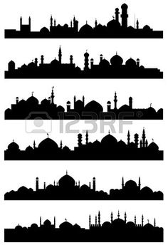 black and white silhouettes of islamic buildings