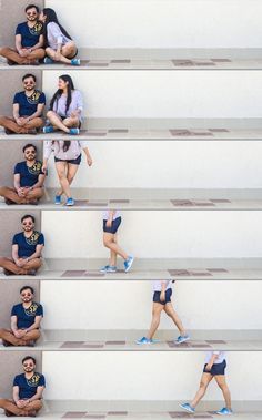 several pictures of people sitting on steps with their legs crossed