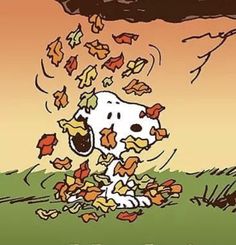 a cartoon dog is throwing leaves in the air with his head on top of it