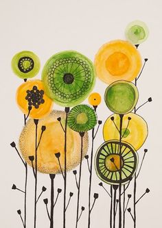 an abstract painting with green, yellow and orange flowers in the center on a white background