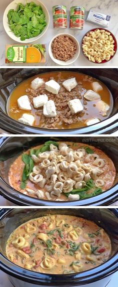 four pictures show different types of food being cooked in the same pans, including pasta and vegetables