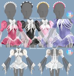 four different types of dresses on mannequins with pearls and bows in them