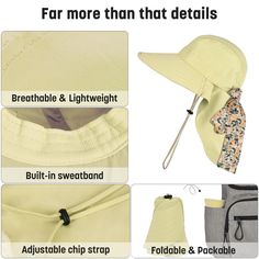 - We all know the importance of protecting ourselves from directly strong sunshine. - Even you are very good about putting sunscreen on but for some reason you will always forget your ears and the back of your neck. - I'm sure many gardeners, lifeguards, and fishermen are familiar with that heating effect when working outside under a hot, blazing sun. - So, It is very necessary to use a sun protective hat when you are outside in the summer, or your skin will be burned without it - Our wide brim sun hat with neck flap is designed to shade your head, face, neck and ears from the sun. - If you are an avid gardener, while you are gardening or doing yard work, and this hat will be perfect. - If you have a vacation and would like to travel around, our sun protection hat would be a good to go hat Yellow Sun Hat With Uv Protection For Outdoor, Outdoor Yellow Sun Hat With Uv Protection, Yellow Summer Sun Hat For Outdoor, Green Breathable Hat For The Beach, Yellow Outdoor Hat With Uv Protection, Yellow Uv Protection Hat For Outdoor, Adjustable Yellow Hat With Upf 50+, Durable Sun Hat For Summer Beach, Durable Sun Hat For Beach And Summer