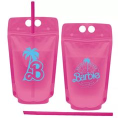 two pink plastic cups with straws in them and one has a blue logo on the side