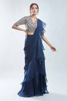 Blue pre-draped saree with ruffle border. Paired with sequin, zari thread, bead embroidered blouse. - Aza Fashions Blue Ruffle Saree, Ridhi Mehra, Draped Saree, Ruffle Saree, Drape Saree, Blue Embroidery, Blouse For Women, Saree With Blouse, Tulle Lace