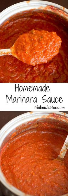 homemade marinara sauce in a pot with a spoon