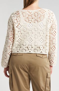 Intricate crochet-like hexagons lend artisanal beauty to a lightweight cotton-and-nylon lace jacket that adds the perfect finishing touch to your ensemble. 21 1/2" length (size 3X) Open front Jewel neck Front patch pockets 95% cotton, 5% nylon Hand wash, dry flat Imported Cream Cotton Crochet Top For Fall, Cream Crochet Lace Cotton Top, White Granny Square Cardigan For Spring, Beige Long Sleeve Crochet Cotton Top, White Crochet Top With Granny Square For Spring, White Granny Square Crochet Top For Spring, White Cotton Crochet Outerwear, White Crochet Cotton Outerwear, Cream Long Sleeve Cardigan With Crochet Lace